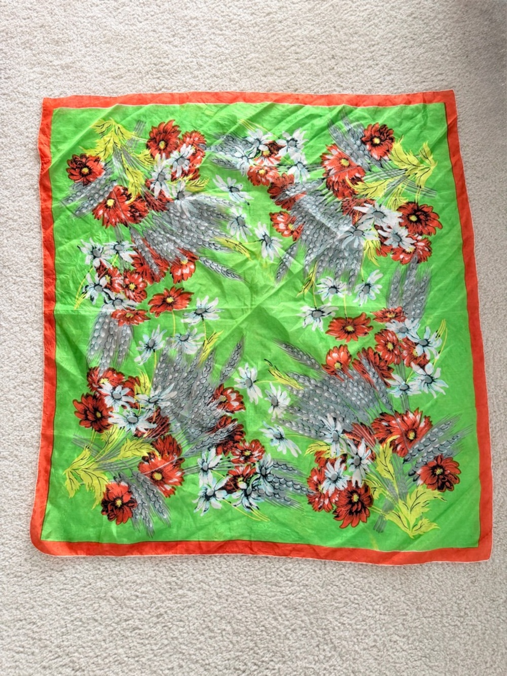 Vintage Silk Floral Square Scarf in Lime Green and Orange